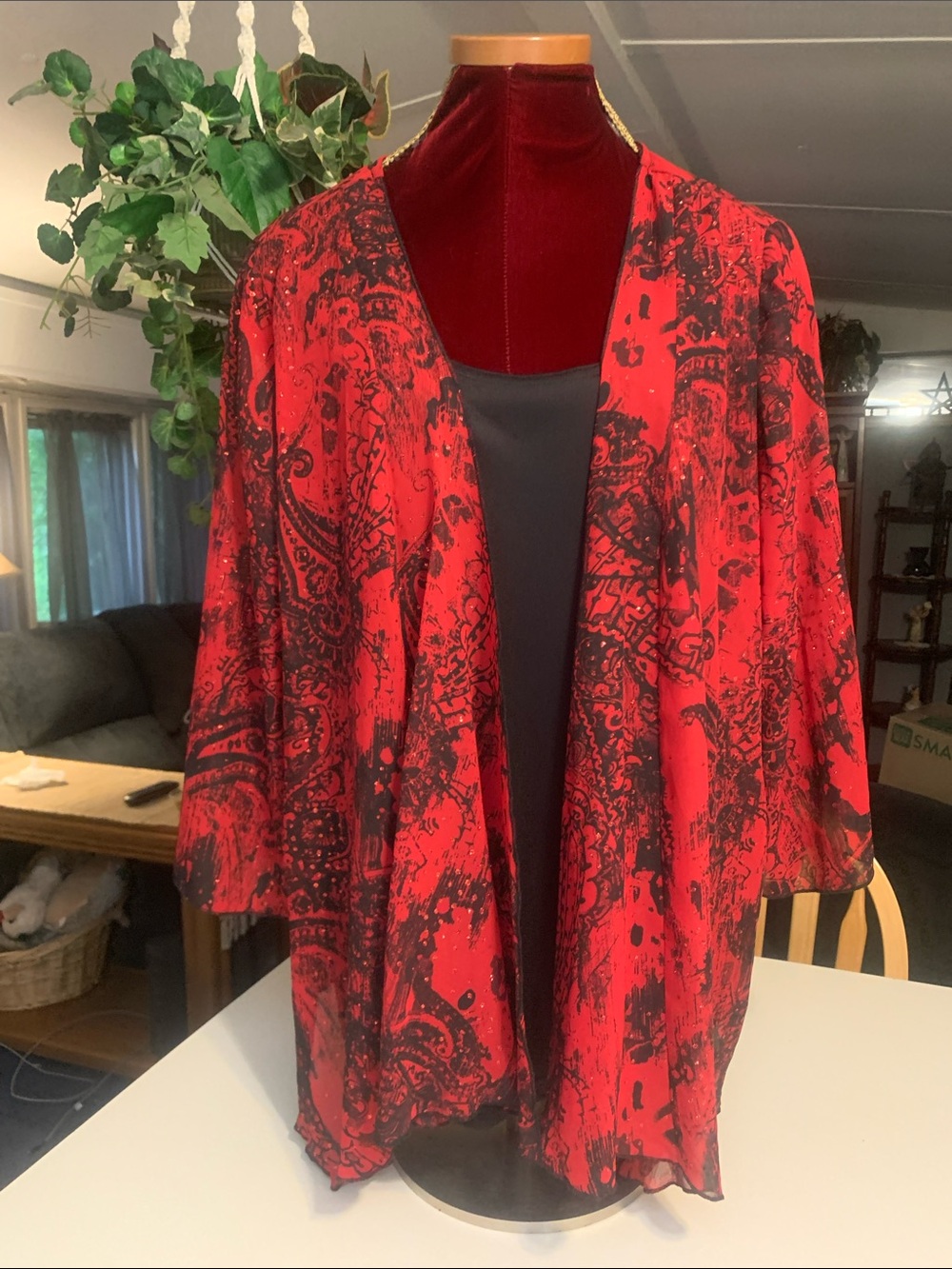 Rebecca Malone Red and Black Shimmery Paisley 2 in 1 Blouse/Cardigan
